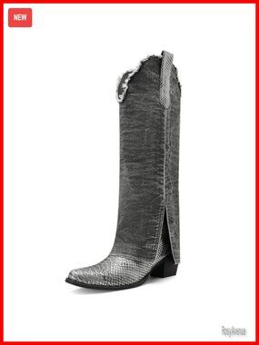 Denim Knee High Cowboy Boots Pointed Toe Block Heel Pull On Western